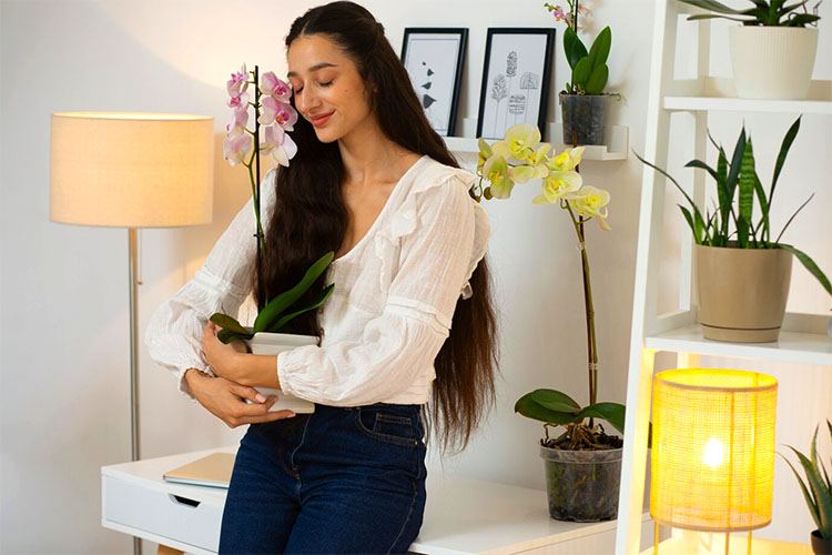 A Girl smells flower in her room